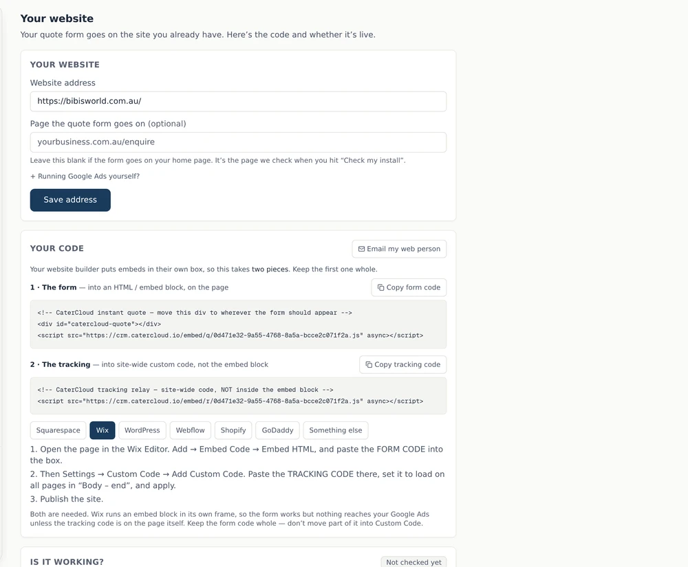 The Your Code panel, showing the form code, the tracking code, and the row of website-builder buttons with Wix selected