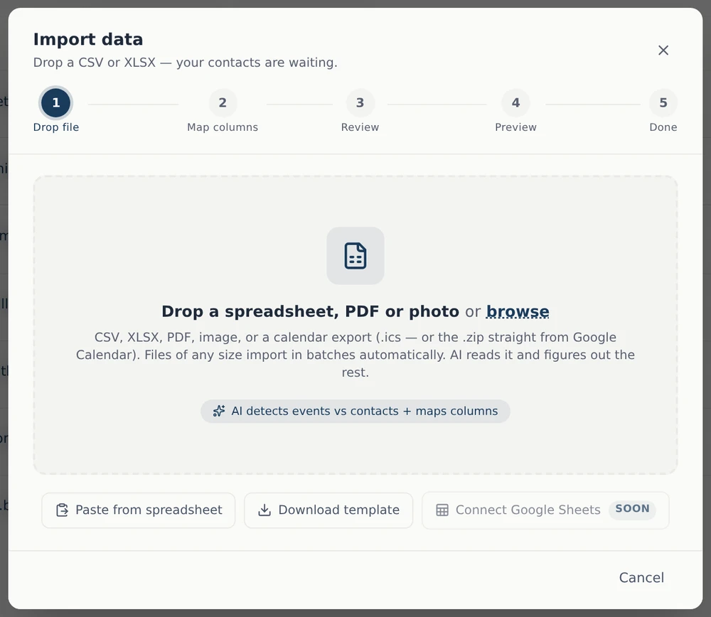 The import wizard: five steps, with a file drop zone on step one