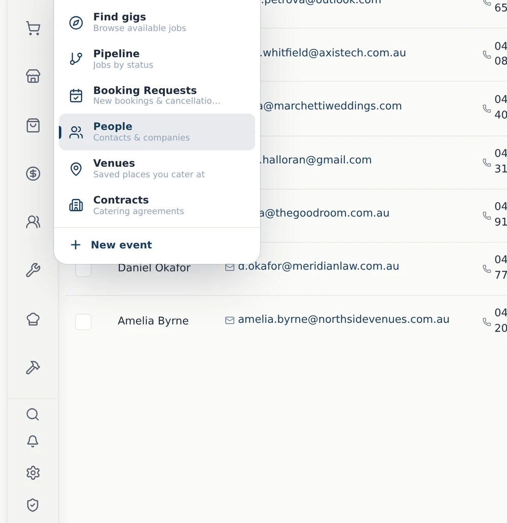 The Events menu open in the sidebar, with People highlighted