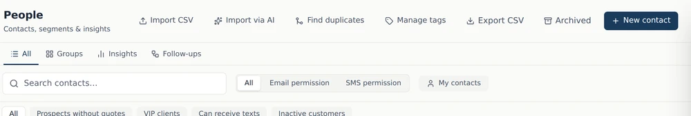 The top of the People page, showing the Import CSV and Import via AI buttons